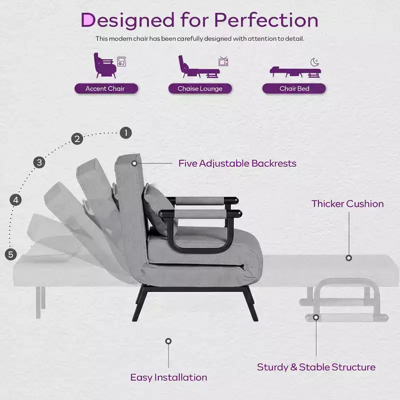 Fauteuil convertible TYBOATLE pour adultes avec dossier réglable sur 5 positions et oreiller, canapé-lit futon individuel confortable pour appartement, bureau