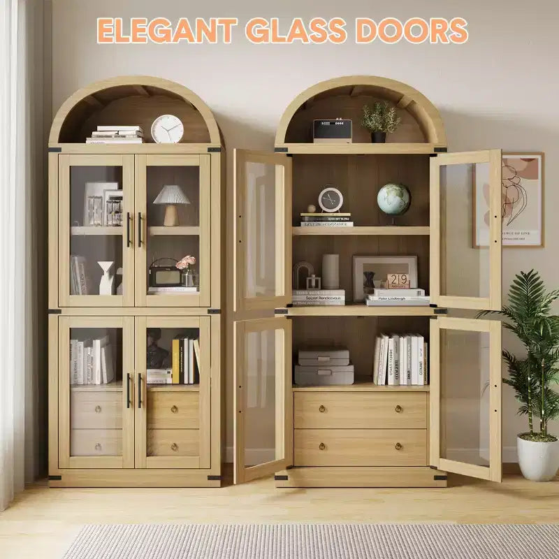 Bibliothèque arquée de 181 cm de haut avec portes et tiroirs - Vitrine en bois de 40 cm de profondeur, bibliothèques arrondies de style ferme pour salon et cuisine