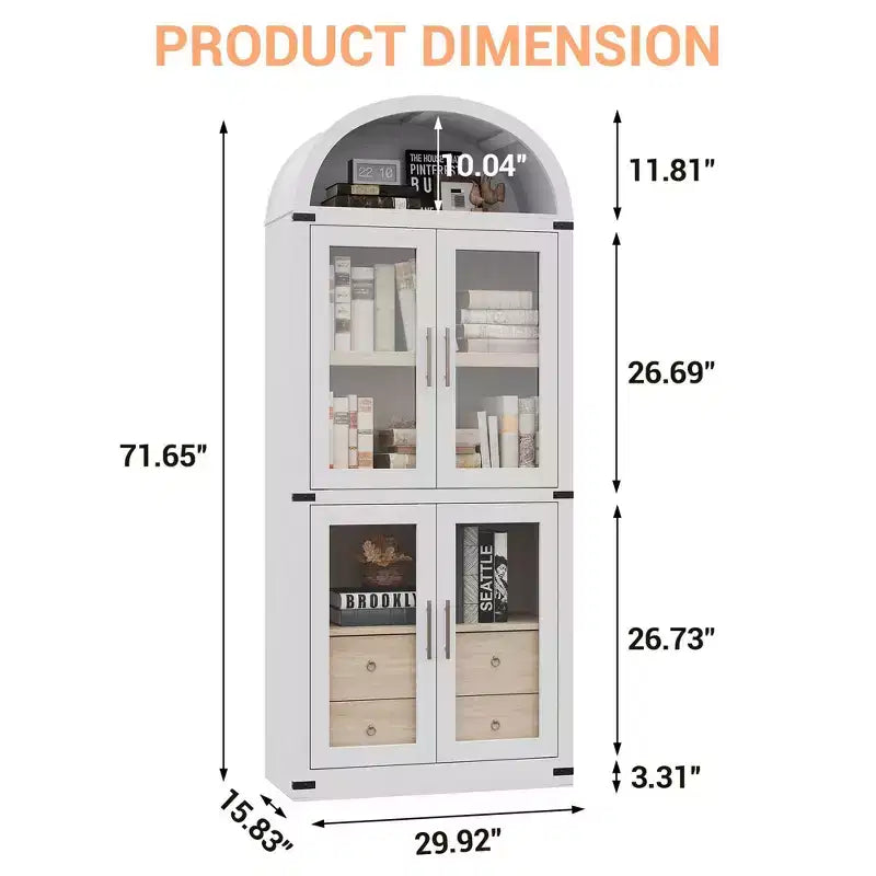 Bibliothèque arquée de 181 cm de haut avec portes et tiroirs - Vitrine en bois de 40 cm de profondeur, bibliothèques arrondies de style ferme pour salon et cuisine