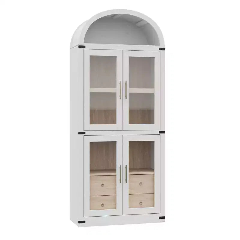 71.4 in Tall Arched Bookshelf with Doors and Drawers - 15.83 in Depth Wooden Display Cabinet, Farmhouse Rounded Bookcases for Living Room & Kitchen