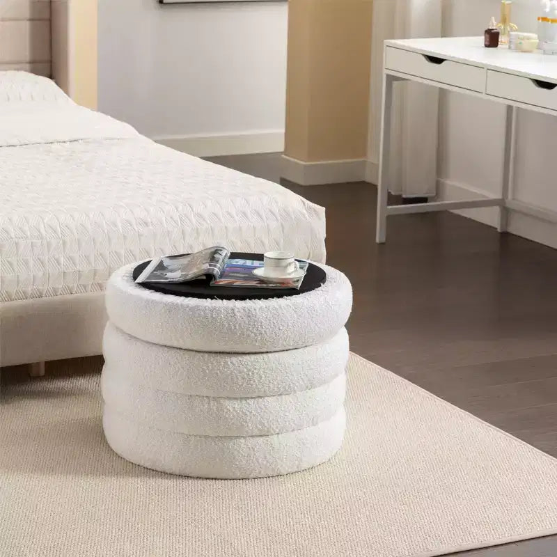 GDFStudio Hayden 24 Pouf de rangement en velours/bouclette touffeté à rainures en bois avec plateau rabattable