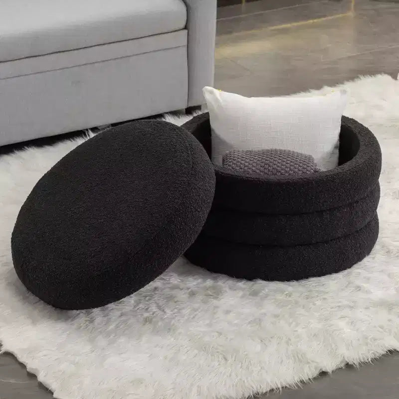 GDFStudio Hayden 24 Pouf de rangement en velours/bouclette touffeté à rainures en bois avec plateau rabattable
