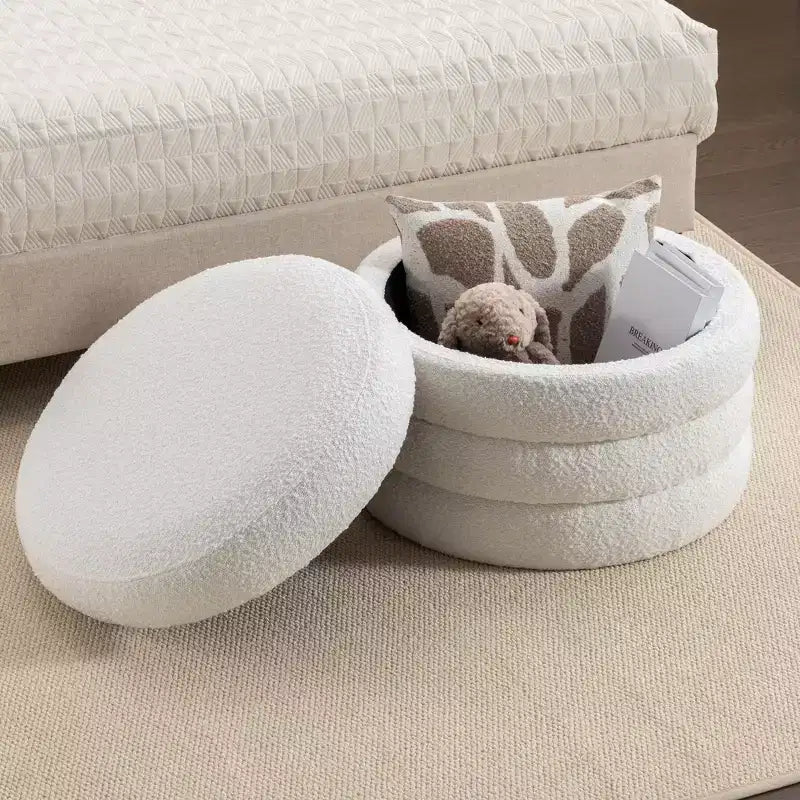 GDFStudio Hayden 24 Pouf de rangement en velours/bouclette touffeté à rainures en bois avec plateau rabattable