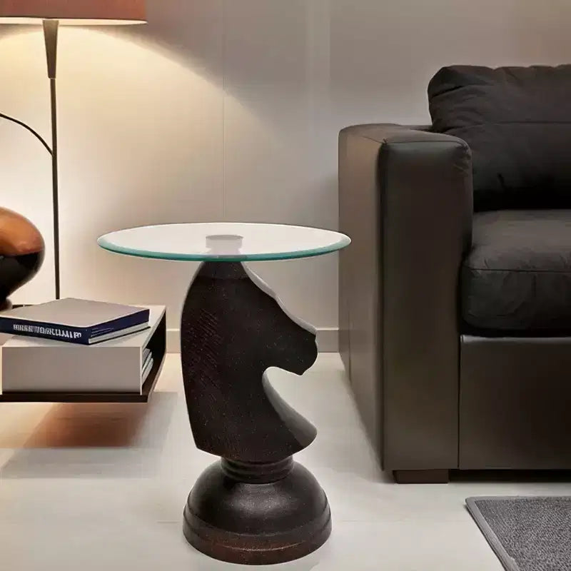GDFStudio Randolph Modern 24 Aluminum Hammered Horse Motif Accent Table with Glass Top