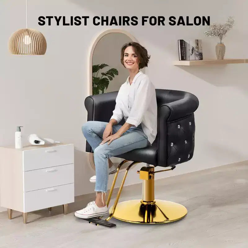 Chaise de coiffeur de salon Karl Home Noire Dorée Moderne Hydraulique Robuste Pivotante avec Dossier Incurvé