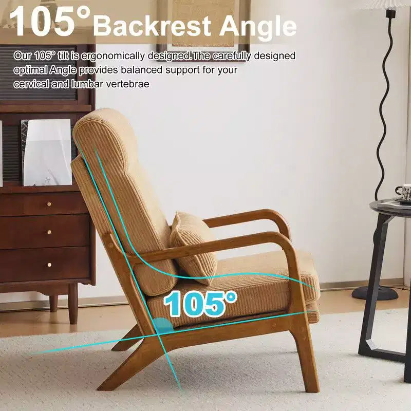 Chaise de loisirs d'intérieur Karl Home à dossier haut en bois massif, accoudoirs, structure en fer et lin