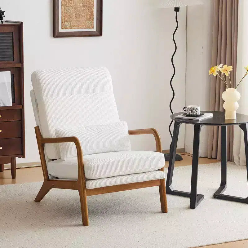 Chaise de loisirs d'intérieur Karl Home à dossier haut en bois massif, accoudoirs, structure en fer et lin