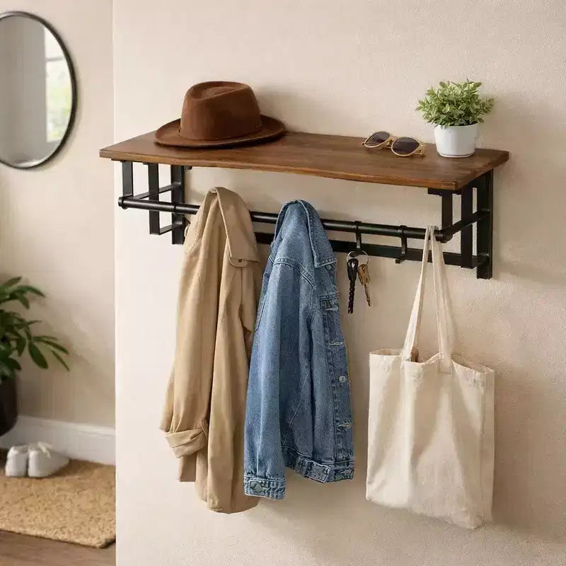 Porte-manteau mural industriel Royal Hampton de 26 pouces avec cadre en métal, 5 crochets et 1 étagère, marron rustique et noir