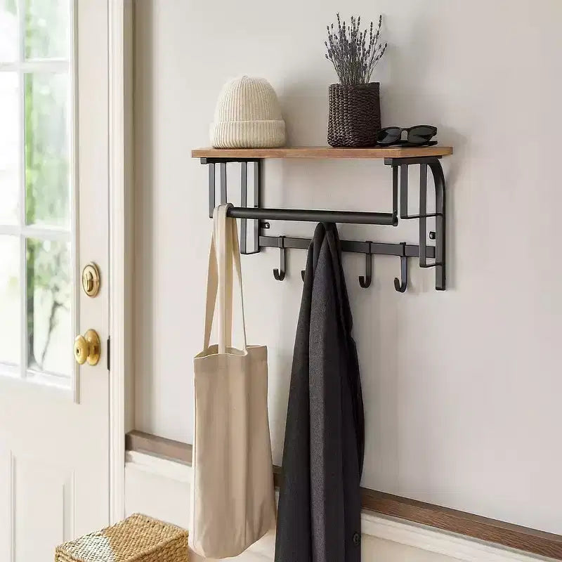 Porte-manteau mural industriel Royal Hampton de 26 pouces avec cadre en métal, 5 crochets et 1 étagère, marron rustique et noir