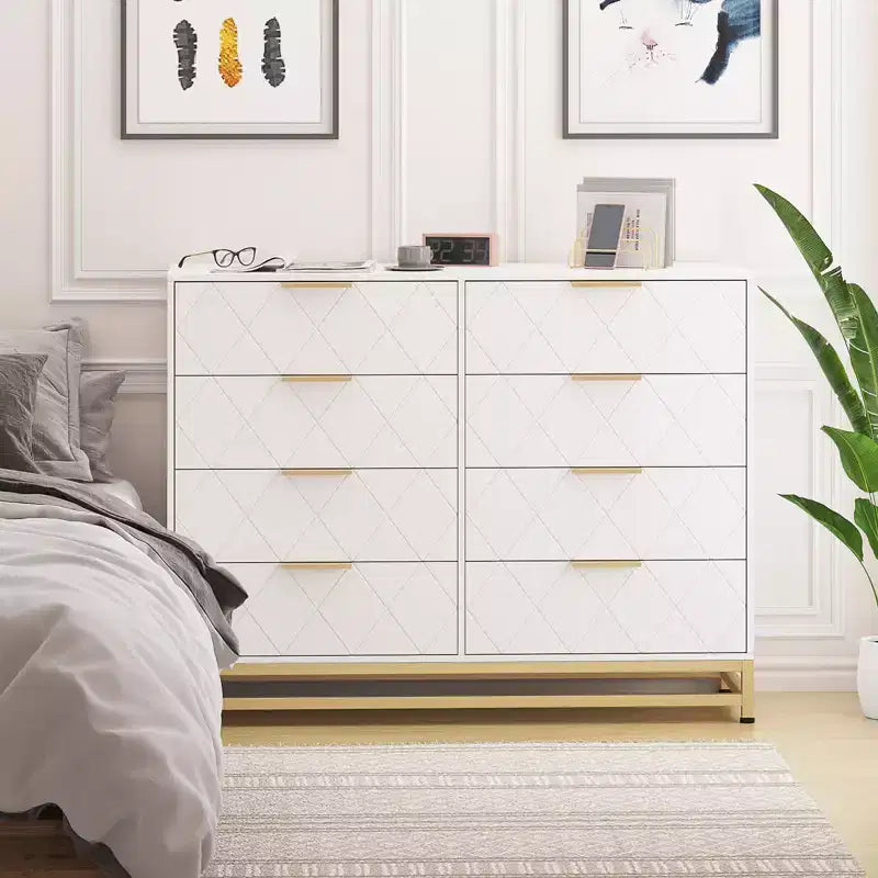 Commode à 8 tiroirs avec poignées métalliques, commode en bois moderne avec tiroirs profonds, dispositif anti-basculement, convient pour placard, salon, chambre à coucher