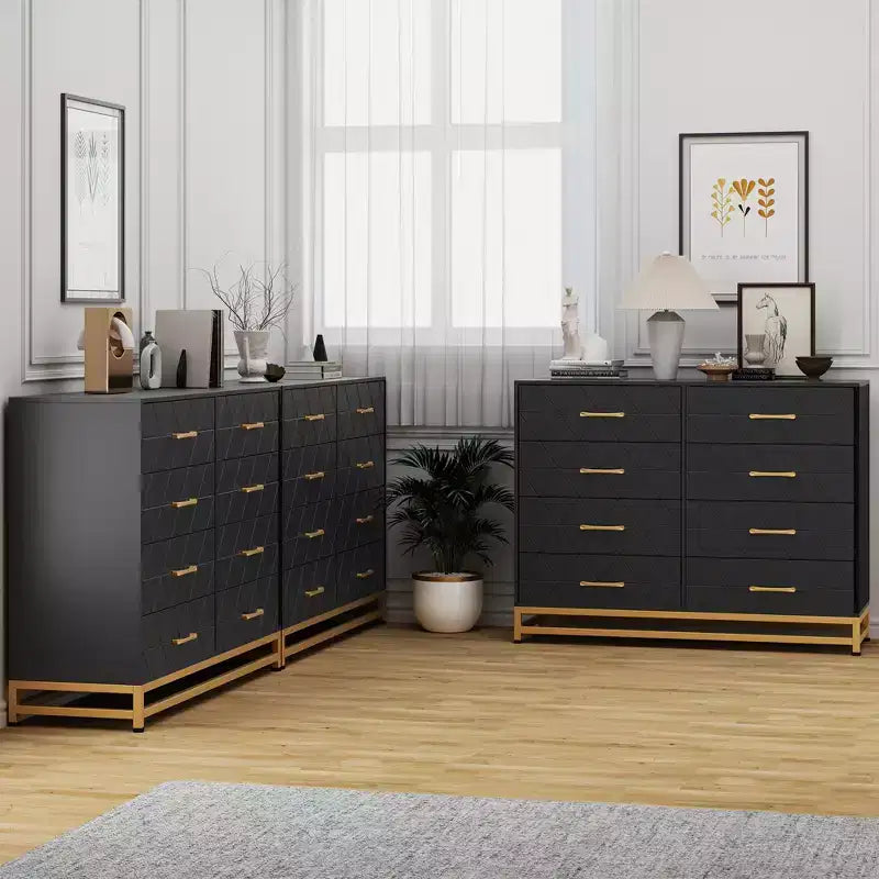 Commode à 8 tiroirs avec poignées métalliques, commode en bois moderne avec tiroirs profonds, dispositif anti-basculement, convient pour placard, salon, chambre à coucher
