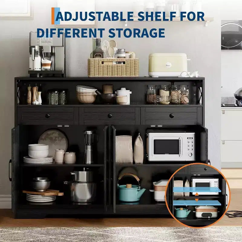 Meuble Buffet avec Étagères Réglables, 4 Portes, 3 Tiroirs, Meuble de Rangement de Cuisine