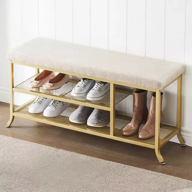 Banc porte-chaussures, Banc de rangement en métal à 2 niveaux, Entrée avec étagère réglable, Organisateur de chaussures en métal avec coussin, Doré