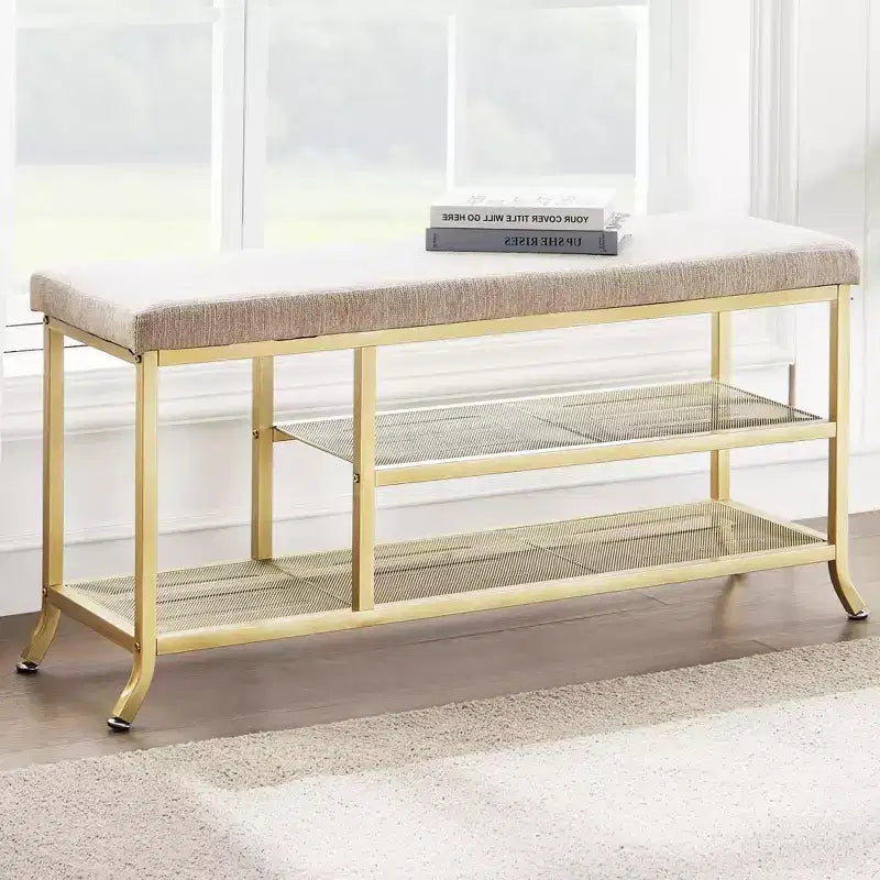 Banc porte-chaussures, Banc de rangement en métal à 2 niveaux, Entrée avec étagère réglable, Organisateur de chaussures en métal avec coussin, Doré