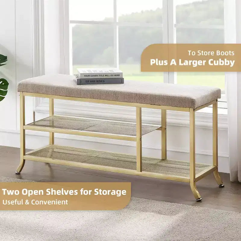 Banc porte-chaussures, Banc de rangement en métal à 2 niveaux, Entrée avec étagère réglable, Organisateur de chaussures en métal avec coussin, Doré