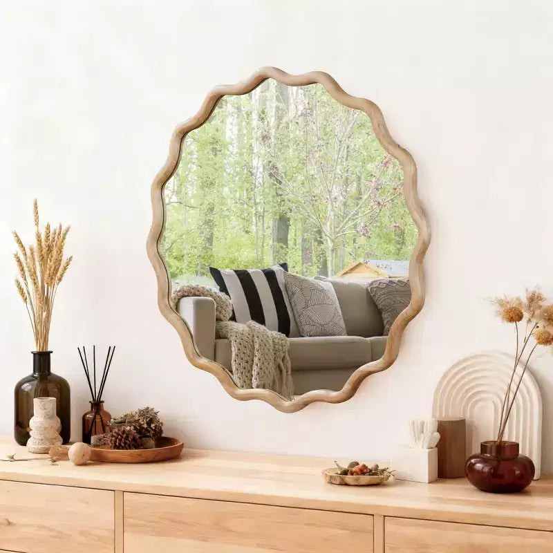 MAYEERTY Miroir décoratif rond ondulé à cadre en bois de 76 cm pour chambre, salle de bain, salon, entrée, naturel
