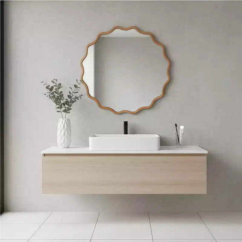 MAYEERTY Miroir décoratif rond ondulé à cadre en bois de 76 cm pour chambre, salle de bain, salon, entrée, naturel