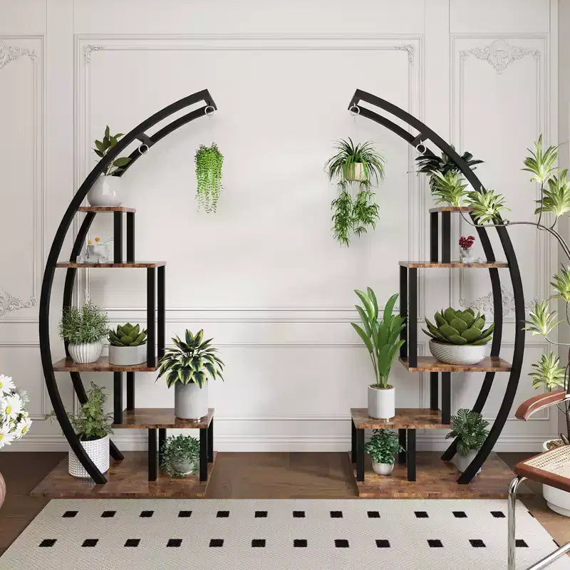 5-Tier Large Half Moon Plant Stand Ladder, Multi-Purpose Curved Flower Pot Display Shelf with Hanging Hooks for Indoor & Outdoor Use, Brown