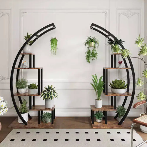5-Tier Large Half Moon Plant Stand Ladder, Multi-Purpose Curved Flower Pot Display Shelf with Hanging Hooks for Indoor & Outdoor Use, Brown