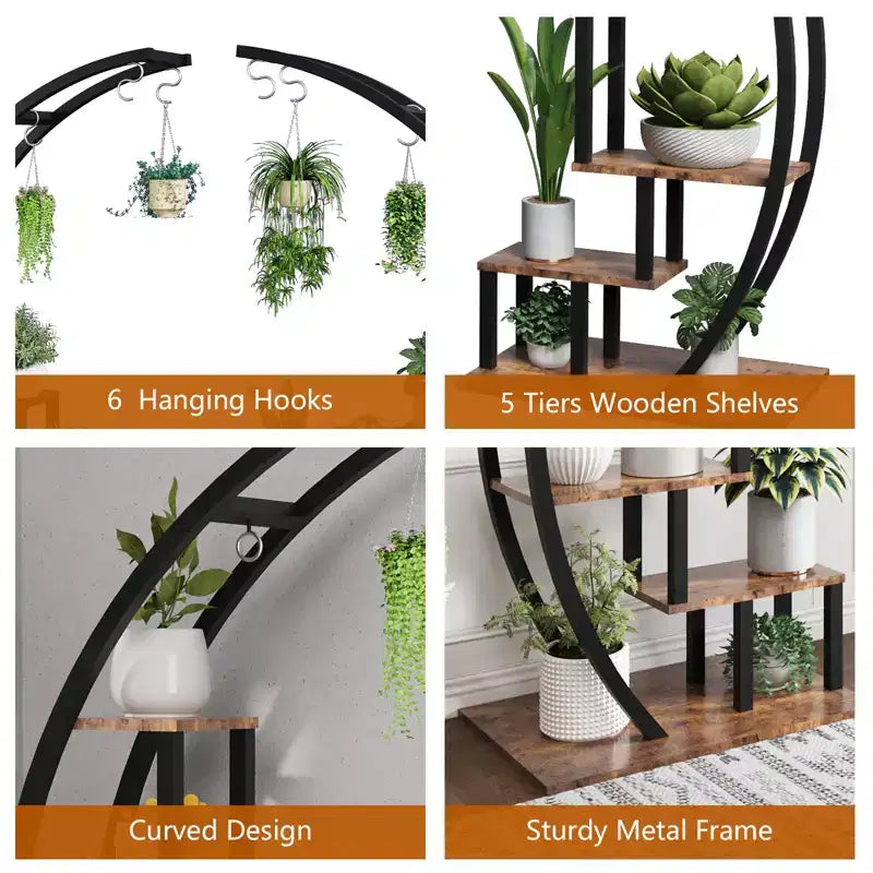 Étagère à plantes en demi-lune à 5 niveaux, grande, échelle, présentoir à pots de fleurs courbé polyvalent avec crochets de suspension pour utilisation intérieure et extérieure, marron
