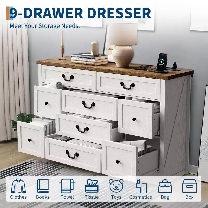 Commode de ferme pour chambre à coucher, commode à 9 tiroirs avec station de charge, commode en bois de 55" avec poignées rustiques, organiseur de commodes de rangement