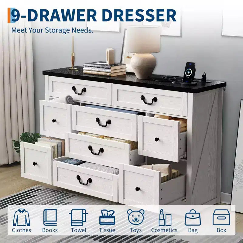 Commode de ferme pour chambre à coucher, commode à 9 tiroirs avec station de charge, commode en bois de 55" avec poignées rustiques, organiseur de commodes de rangement