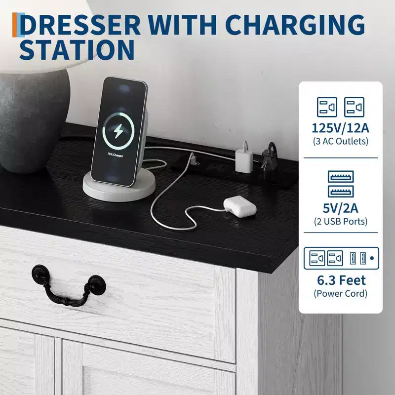 Commode de ferme pour chambre à coucher, commode à 9 tiroirs avec station de charge, commode en bois de 55" avec poignées rustiques, organiseur de commodes de rangement