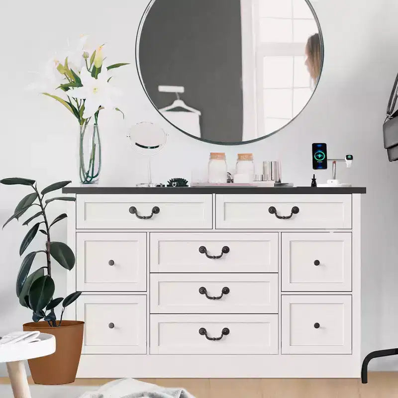 Commode de ferme pour chambre à coucher, commode à 9 tiroirs avec station de charge, commode en bois de 55" avec poignées rustiques, organiseur de commodes de rangement