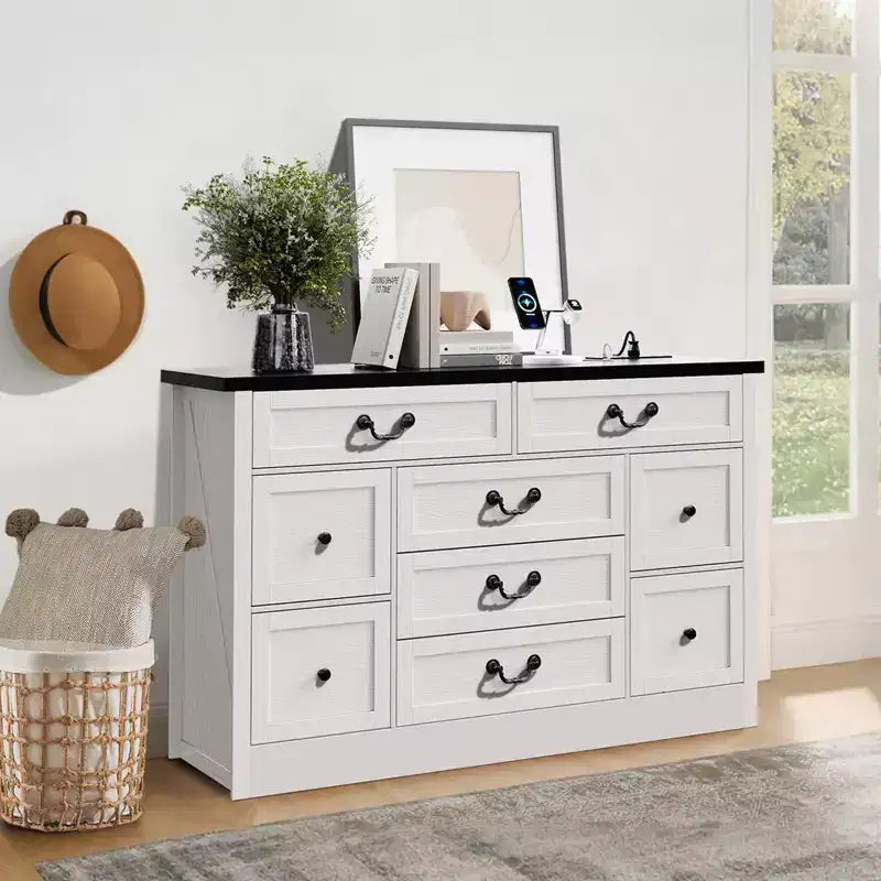 Farmhouse Dresser for Bedroom 9 Drawer Dresser with Charging Station, 55 Wood Chest of Drawers with Rustic Handles, Storage Dressers Organizer