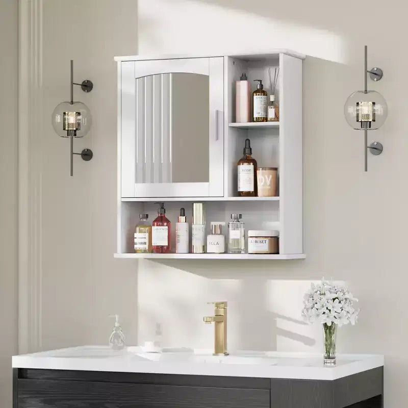 VECELO Bathroom Wall Cabinet with Mirror, Wall Mounted Medicine Cabinet with Door & Open Shelves, Adjustable Shelves, White