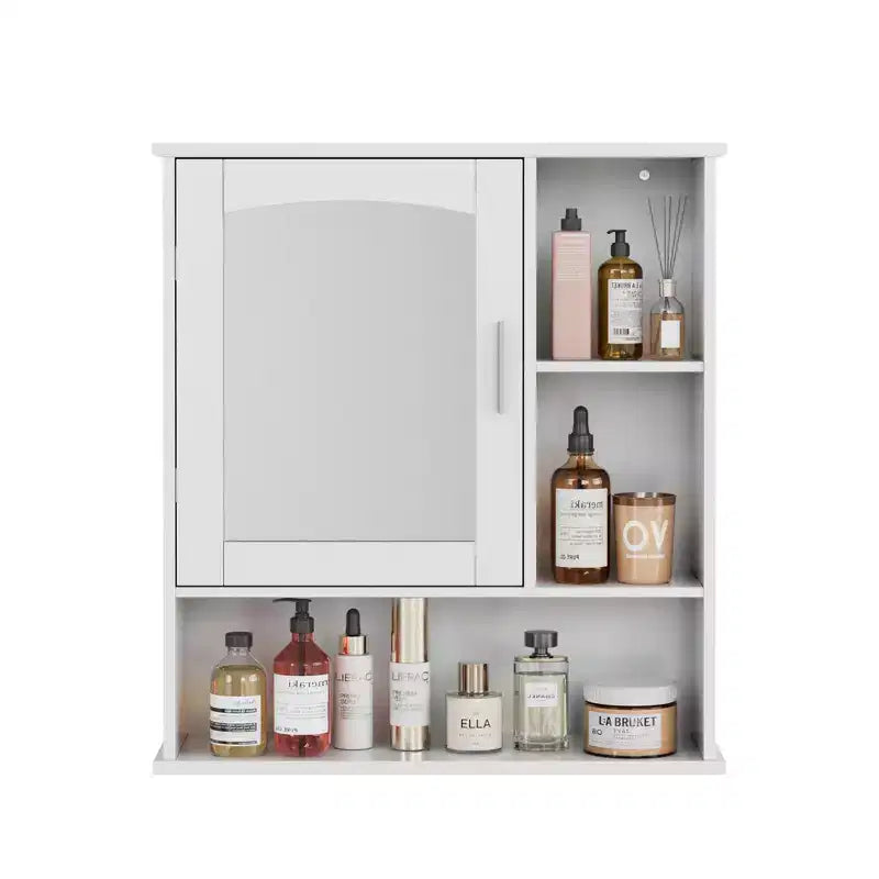 Meuble haut de salle de bain VECELO avec miroir, armoire de toilette murale avec porte et étagères ouvertes, étagères réglables, blanc