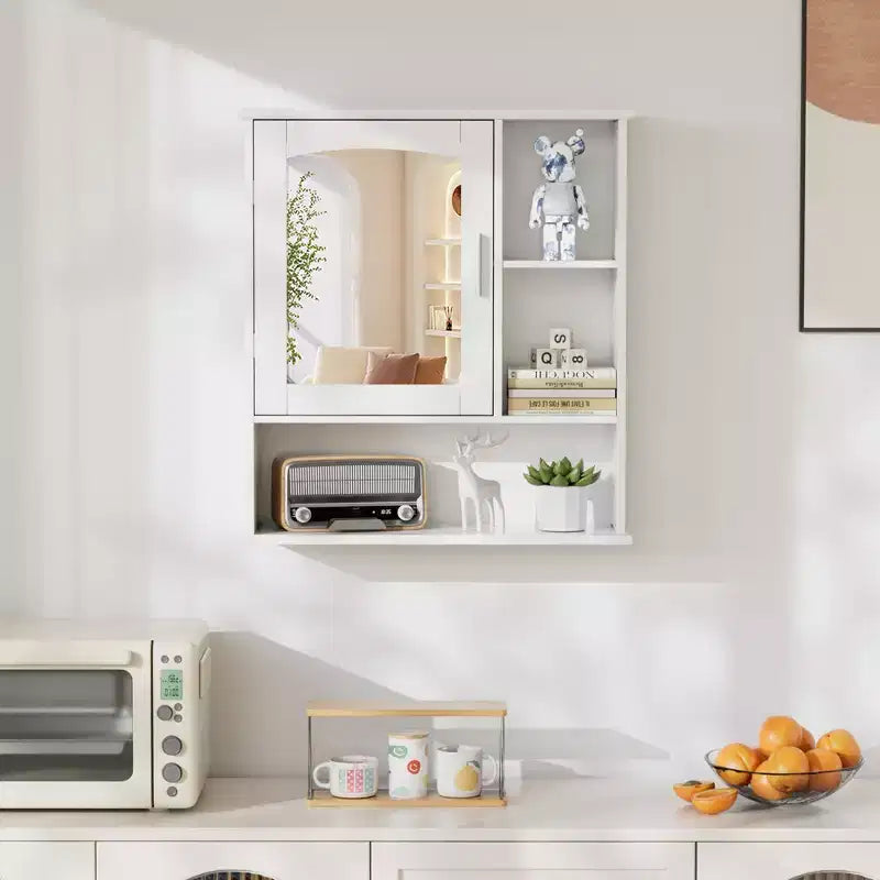 Meuble haut de salle de bain VECELO avec miroir, armoire de toilette murale avec porte et étagères ouvertes, étagères réglables, blanc