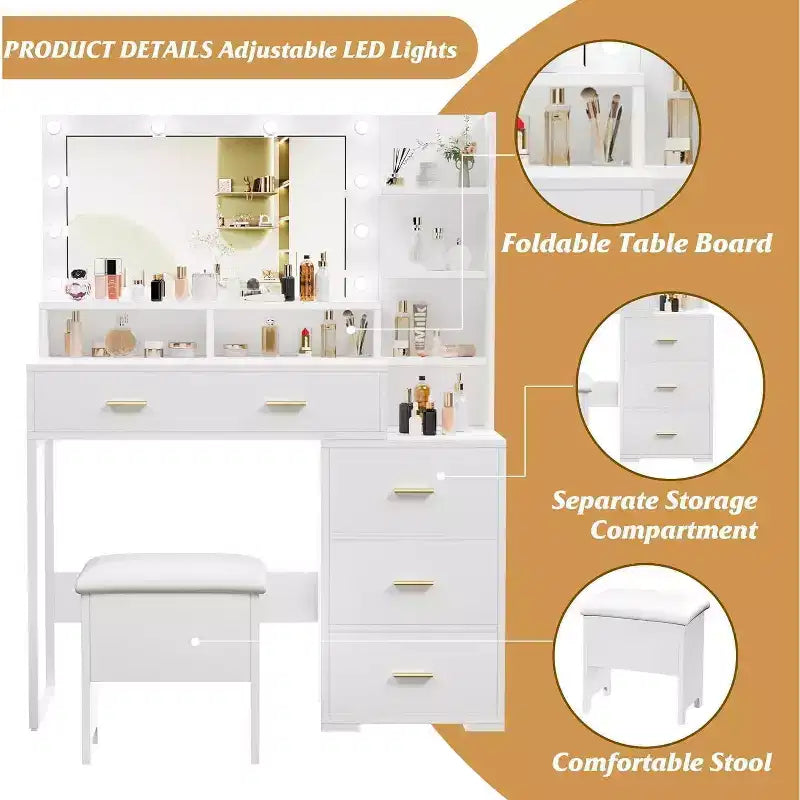 Coiffeuse Acekool avec miroir et 9 lumières LED, 4 tiroirs, 3 étagères, table de maquillage pour chambre, blanche