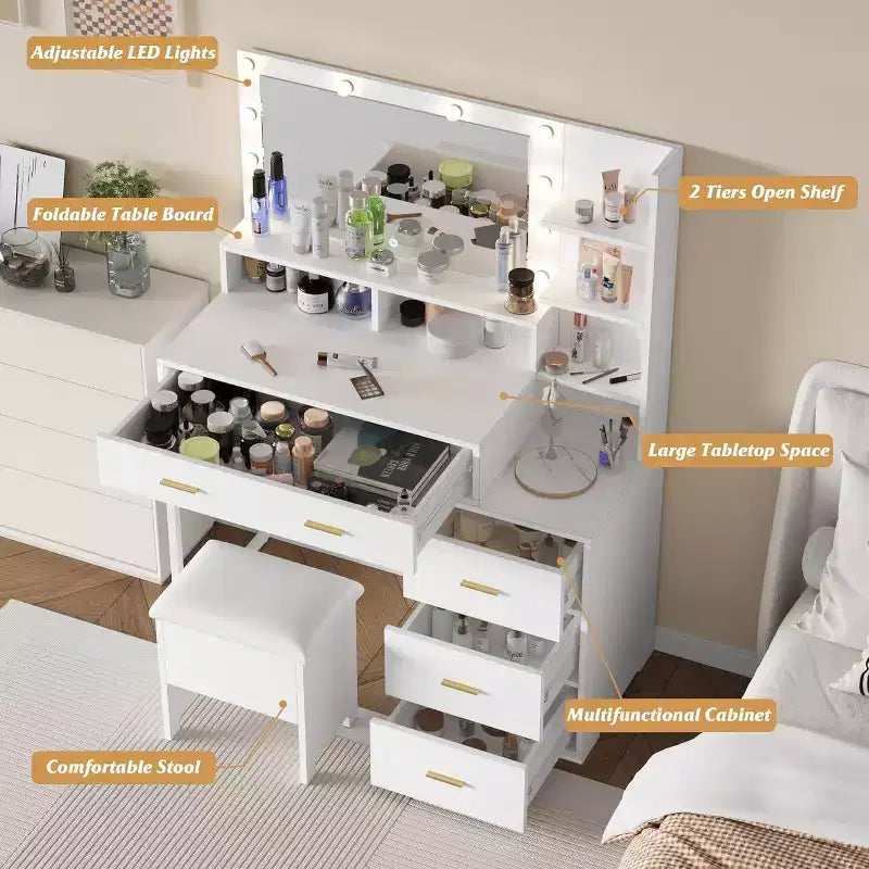 Coiffeuse Acekool avec miroir et 9 lumières LED, 4 tiroirs, 3 étagères, table de maquillage pour chambre, blanche