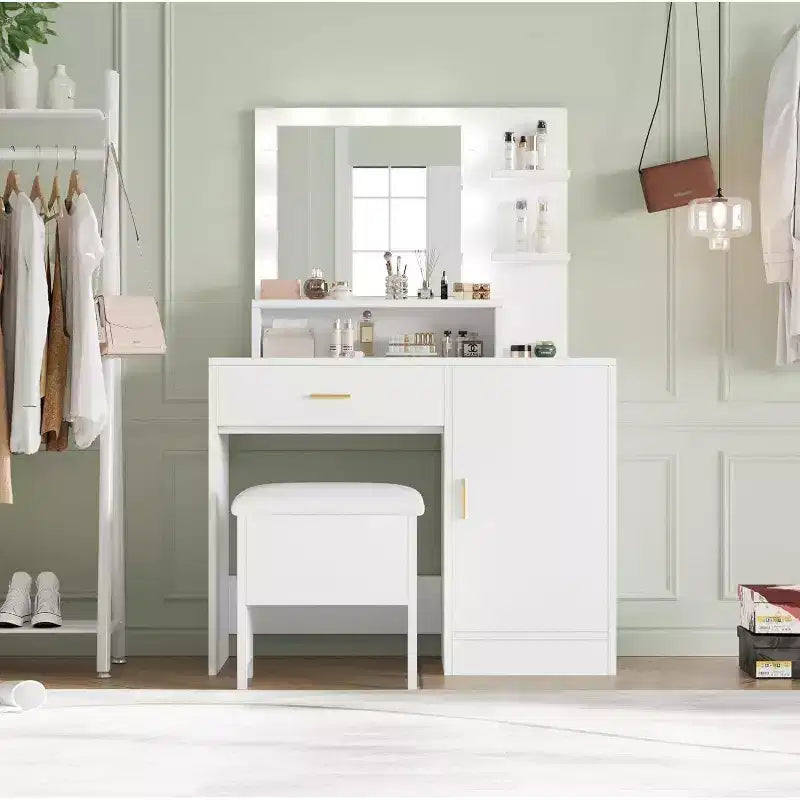 Coiffeuse Acekool avec miroir et 9 lumières LED, 4 tiroirs, 3 étagères, table de maquillage pour chambre, blanche