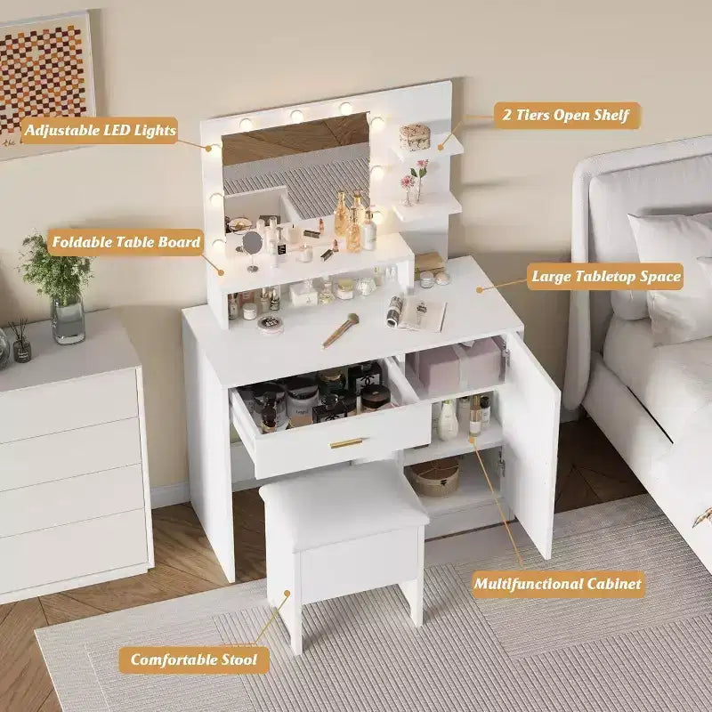 Coiffeuse Acekool avec miroir et 9 lumières LED, 4 tiroirs, 3 étagères, table de maquillage pour chambre, blanche