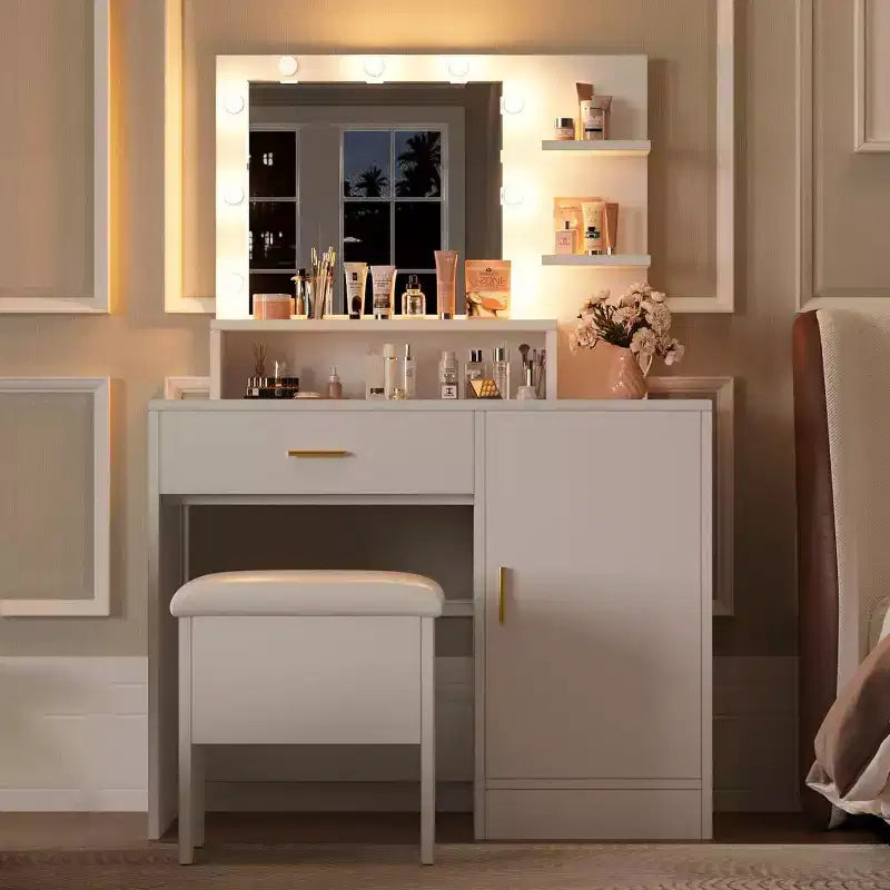 Acekool Vanity Desk with Mirror & 9 LED Lights, 4 Drawers, 3 Shelves, Makeup Table for Bedroom, White