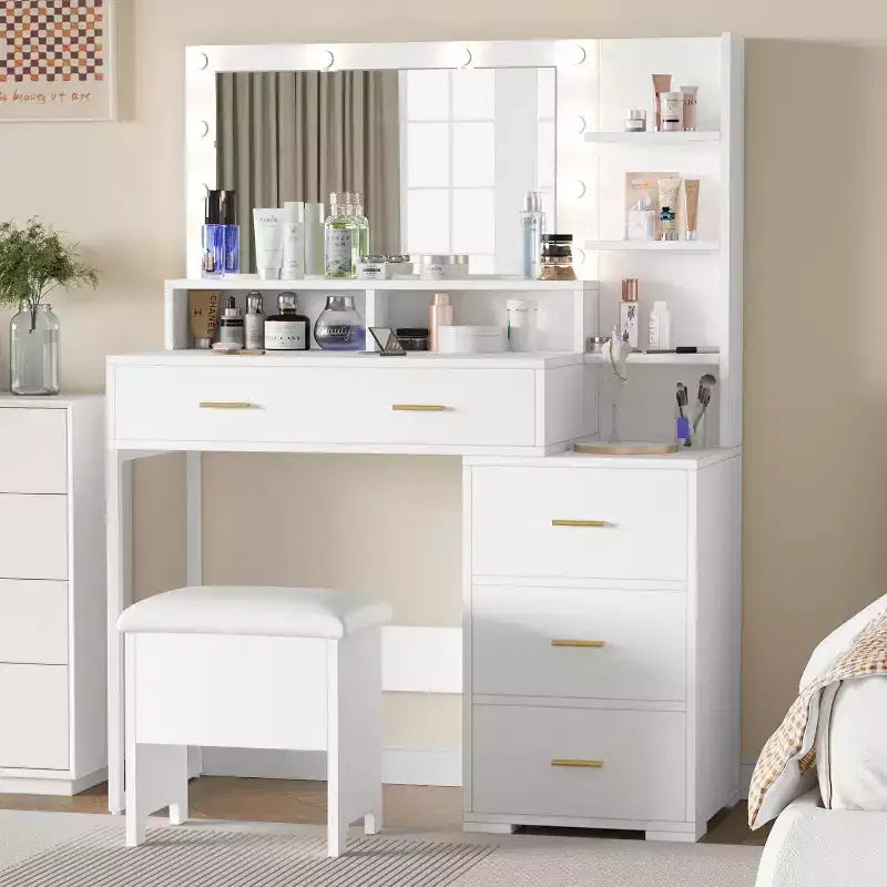 Coiffeuse Acekool avec miroir et 9 lumières LED, 4 tiroirs, 3 étagères, table de maquillage pour chambre, blanche