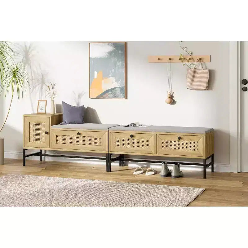Banc à chaussures en rotin Acekool avec tiroir de rangement et coussin en lin, banc en bois pour entrée et chambre à coucher, finition chêne naturel