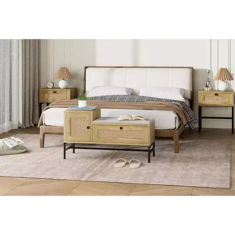 Banc à chaussures en rotin Acekool avec tiroir de rangement et coussin en lin, banc en bois pour entrée et chambre à coucher, finition chêne naturel