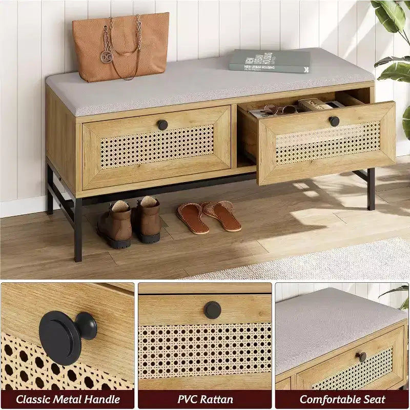 Banc à chaussures en rotin Acekool avec tiroir de rangement et coussin en lin, banc en bois pour entrée et chambre à coucher, finition chêne naturel