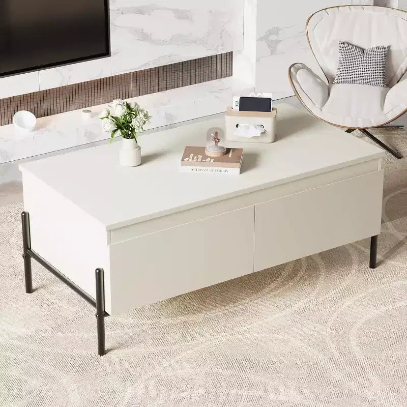 Table basse moderne blanche Acekool avec 2 tiroirs sans poignée, pieds en métal et étagère arrière ouverte, table basse rectangulaire pour salon, montage facile