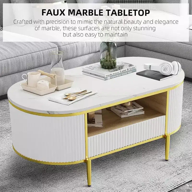 Table basse moderne blanche Acekool avec 2 tiroirs sans poignée, pieds en métal et étagère arrière ouverte, table basse rectangulaire pour salon, montage facile
