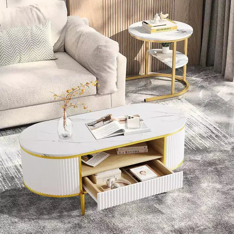 Table basse moderne blanche Acekool avec 2 tiroirs sans poignée, pieds en métal et étagère arrière ouverte, table basse rectangulaire pour salon, montage facile
