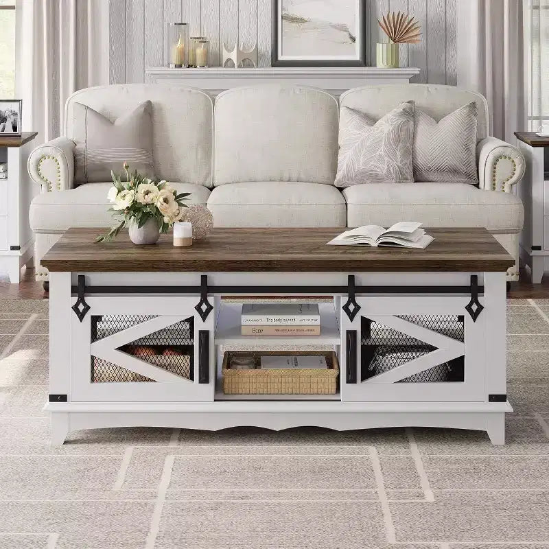 Table basse moderne blanche Acekool avec 2 tiroirs sans poignée, pieds en métal et étagère arrière ouverte, table basse rectangulaire pour salon, montage facile