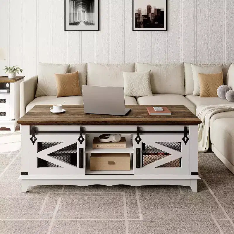 Table basse moderne blanche Acekool avec 2 tiroirs sans poignée, pieds en métal et étagère arrière ouverte, table basse rectangulaire pour salon, montage facile
