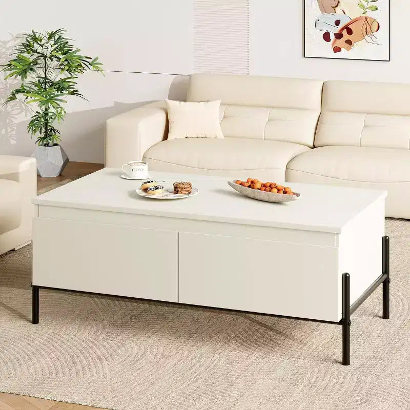 Table basse moderne blanche Acekool avec 2 tiroirs sans poignée, pieds en métal et étagère arrière ouverte, table basse rectangulaire pour salon, montage facile