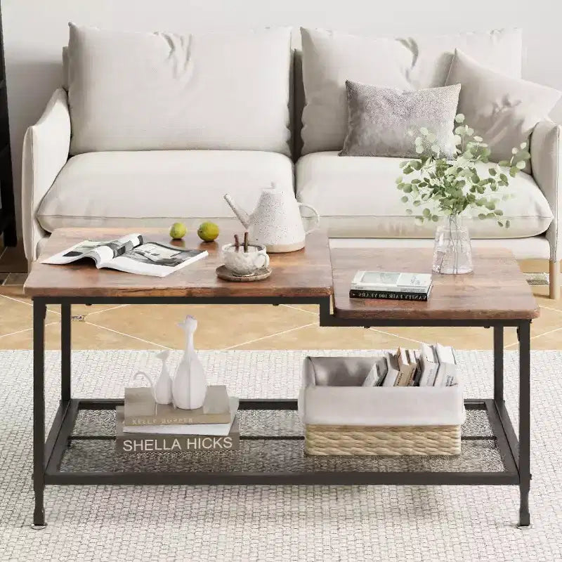 Acekool Table Basse Rectangulaire Moderne Mid-Century avec Tiroirs, Étagères Ouvertes et Finition Bois Clair - Montage Facile, 108 cm