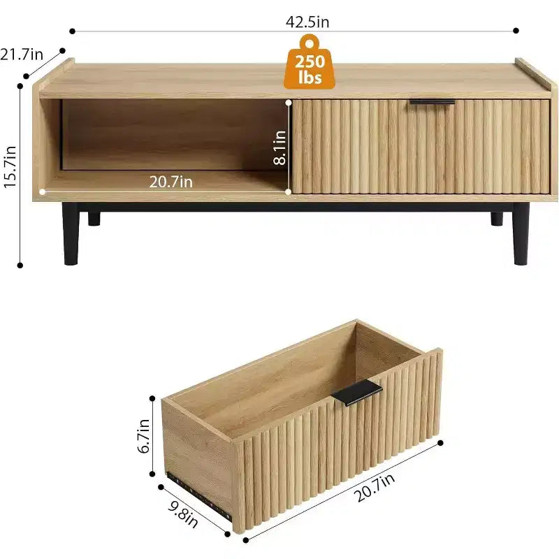 Acekool Table Basse Rectangulaire Moderne Mid-Century avec Tiroirs, Étagères Ouvertes et Finition Bois Clair - Montage Facile, 108 cm