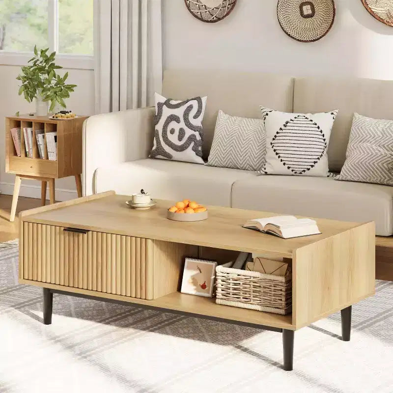 Acekool Table Basse Rectangulaire Moderne Mid-Century avec Tiroirs, Étagères Ouvertes et Finition Bois Clair - Montage Facile, 108 cm